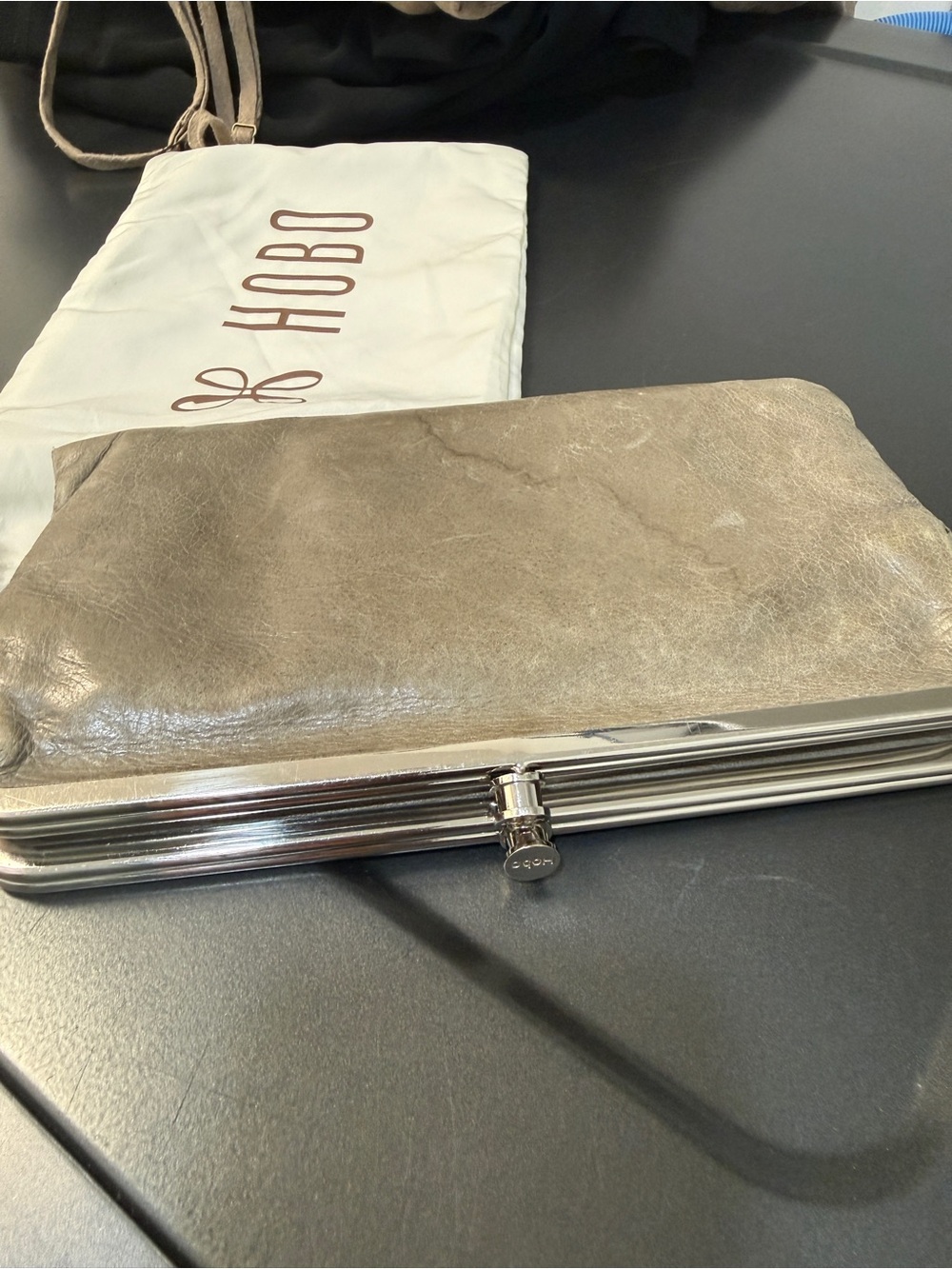 HOBO Metallic Taupe Leather Frame Clutch